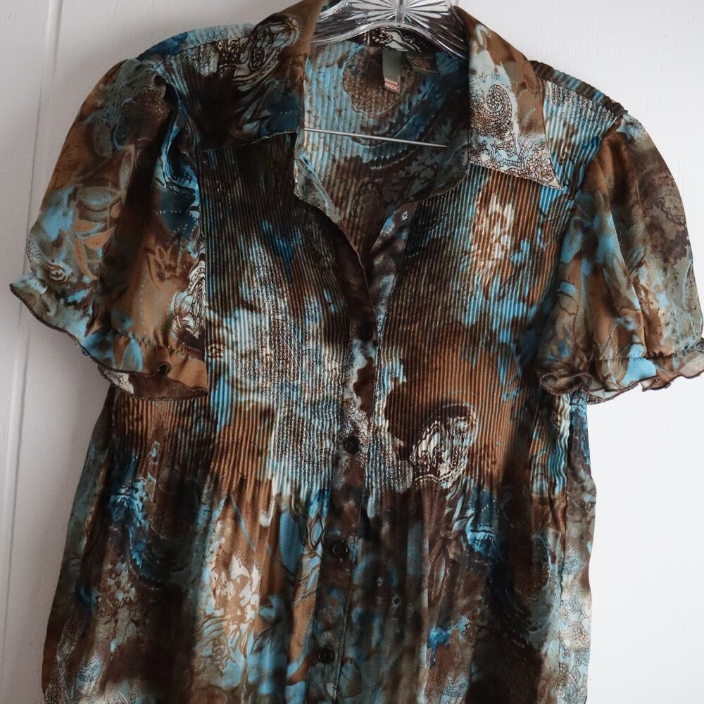 Serenade Womens M Brown Blue Paisley Boho Button Down Sheer Shirt Cowgirl